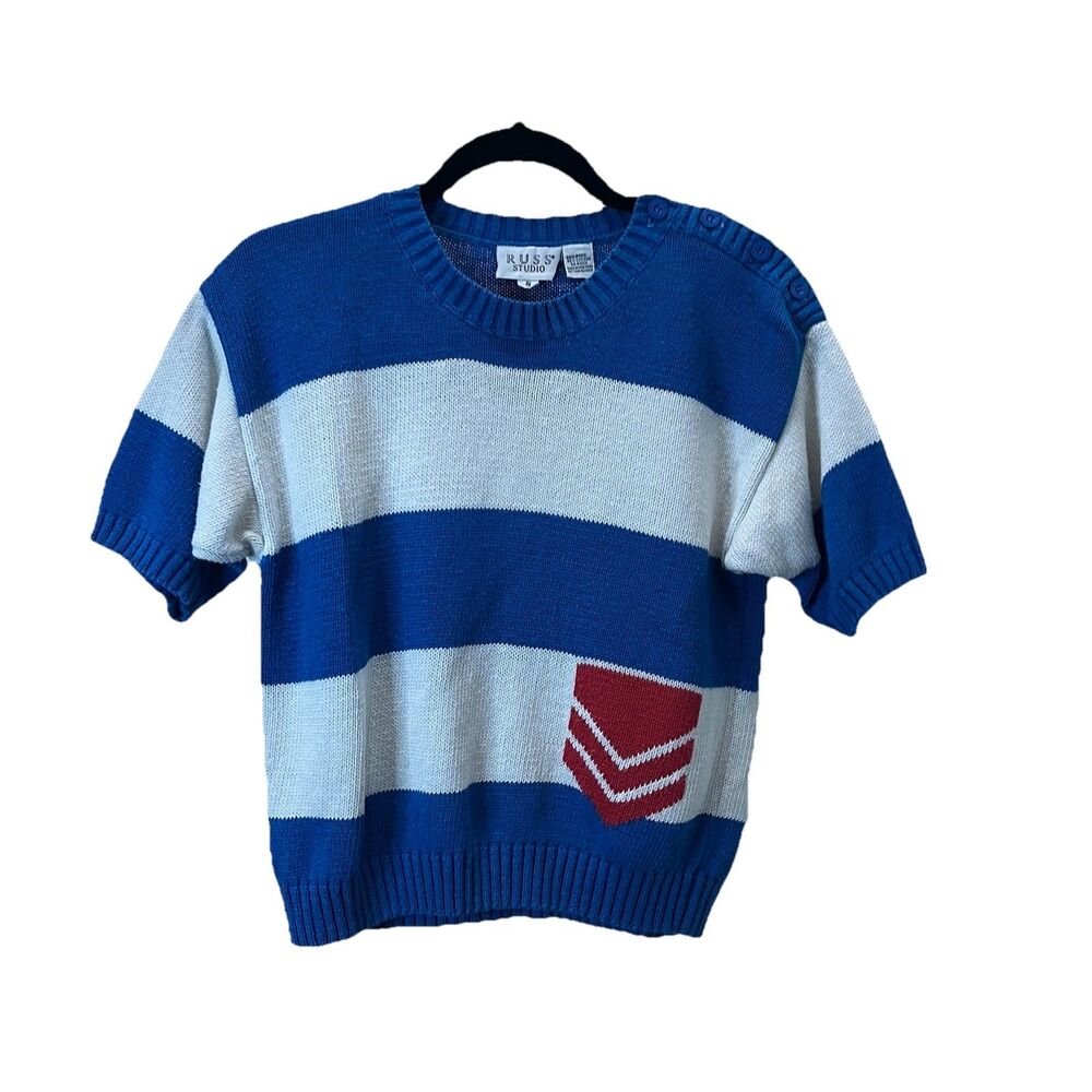 Russ Studio Blue White Striped Knit Short Sleeve Sweater Red Chevron Patch Sz S